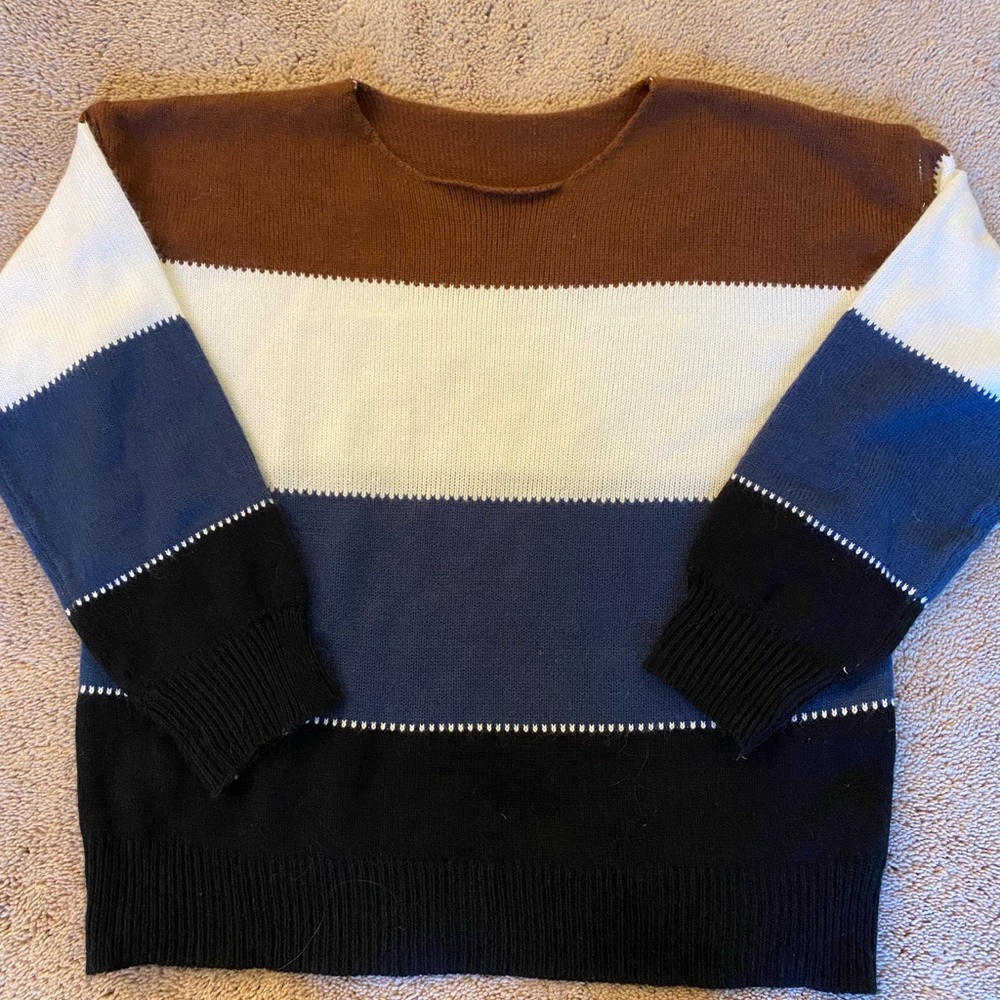 Striped Brown, Cream, Blue, and Black Sweater